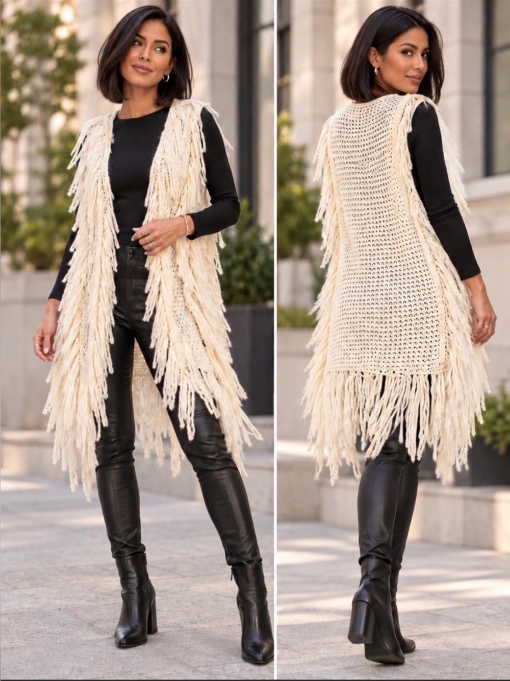 Rue21 Cream Fringed Open Knit Long Vest